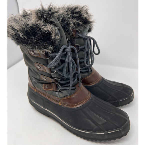 Itasca Rubber‎ Duck Boots Women's Black Gray Brown Fur Inside Lace Up Size 8 - Picture 1 of 9